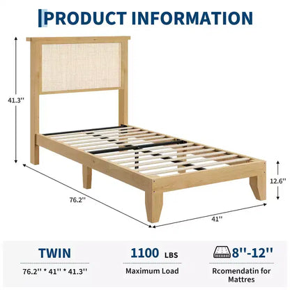 Cadre de lit en rotin, Cadre de lit double bohème en rotin avec tête de lit naturelle, lumières LED, pas besoin de sommier tapissier