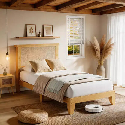 Cadre de lit en rotin, Cadre de lit double bohème en rotin avec tête de lit naturelle, lumières LED, pas besoin de sommier tapissier