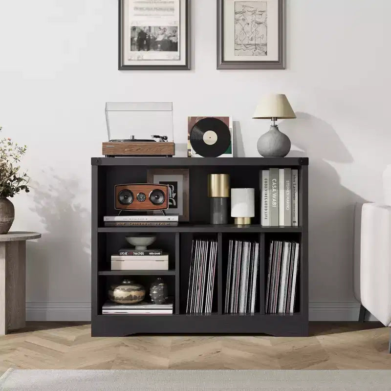 Meuble tourne-disque, meuble de platine de style ferme avec 6 rangements pour vinyles, étagère de présentation de vinyles, organisateur de rangement en bois pour salon, noir