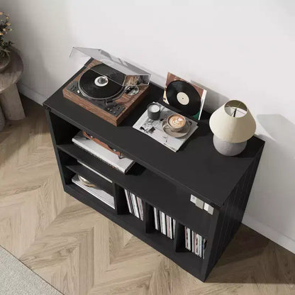 Meuble tourne-disque, meuble de platine de style ferme avec 6 rangements pour vinyles, étagère de présentation de vinyles, organisateur de rangement en bois pour salon, noir