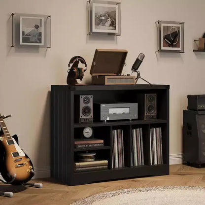 Meuble tourne-disque, meuble de platine de style ferme avec 6 rangements pour vinyles, étagère de présentation de vinyles, organisateur de rangement en bois pour salon, noir