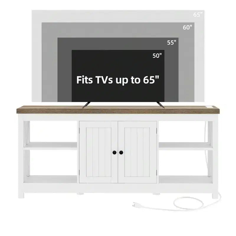 Meuble TV jusqu'à 65 pouces avec prises de courant, meuble de divertissement de style rustique avec étagères de rangement pour salon, blanc et gris délavé