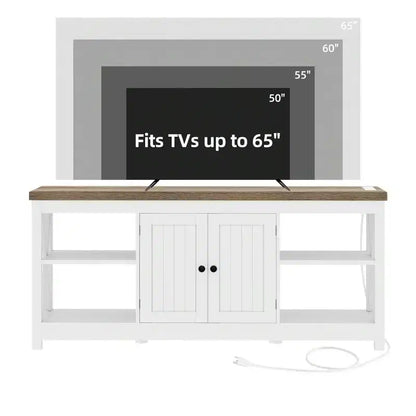 Meuble TV jusqu'à 65 pouces avec prises de courant, meuble de divertissement de style rustique avec étagères de rangement pour salon, blanc et gris délavé