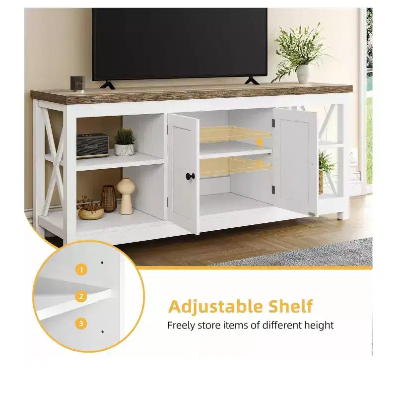 Meuble TV jusqu'à 65 pouces avec prises de courant, meuble de divertissement de style rustique avec étagères de rangement pour salon, blanc et gris délavé