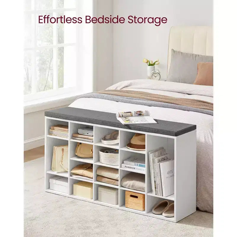 Shoe Storage Bench, Entryway Bench with 20 Compartments & Padded Seat, 300 lb Capacity for Bedroom, Cloud White & Gray