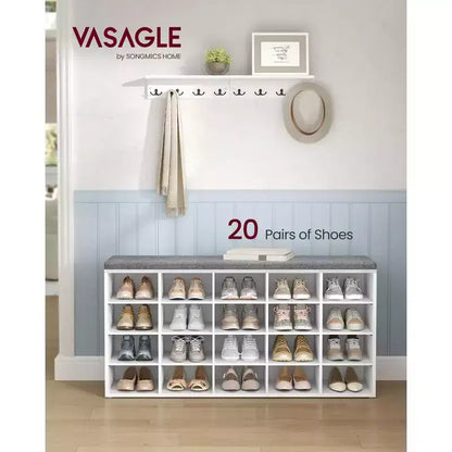Banc de rangement pour chaussures, banc d'entrée avec 20 compartiments et siège rembourré, capacité de 136 kg pour chambre à coucher, blanc nuage et gris
