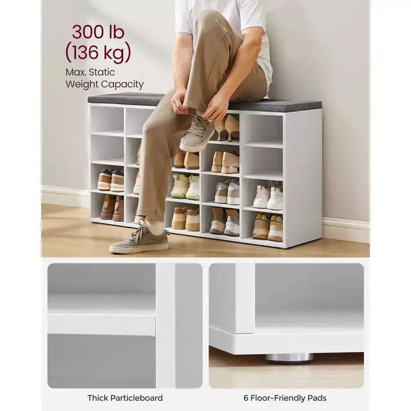 Banc de rangement pour chaussures, banc d'entrée avec 20 compartiments et siège rembourré, capacité de 136 kg pour chambre à coucher, blanc nuage et gris