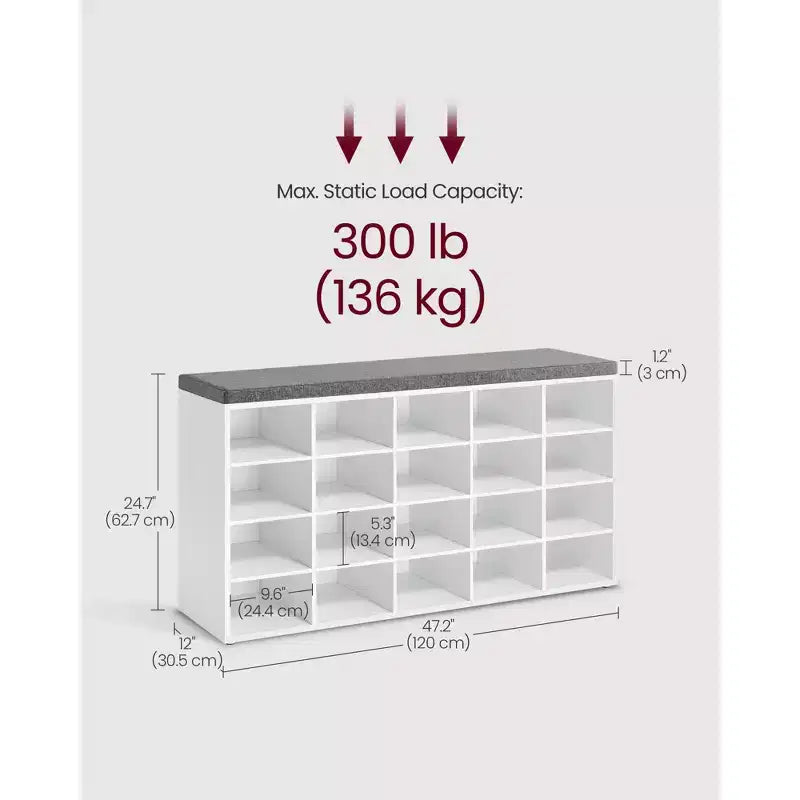 Banc de rangement pour chaussures, banc d'entrée avec 20 compartiments et siège rembourré, capacité de 136 kg pour chambre à coucher, blanc nuage et gris