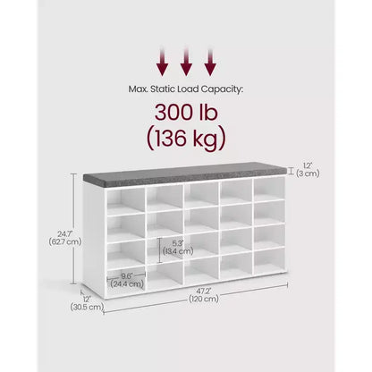 Banc de rangement pour chaussures, banc d'entrée avec 20 compartiments et siège rembourré, capacité de 136 kg pour chambre à coucher, blanc nuage et gris
