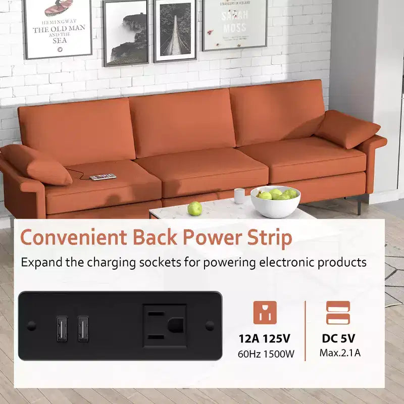 Canapé modulable 3 places en tissu avec ports USB et prise de courant intégrés - Rouge/Vert