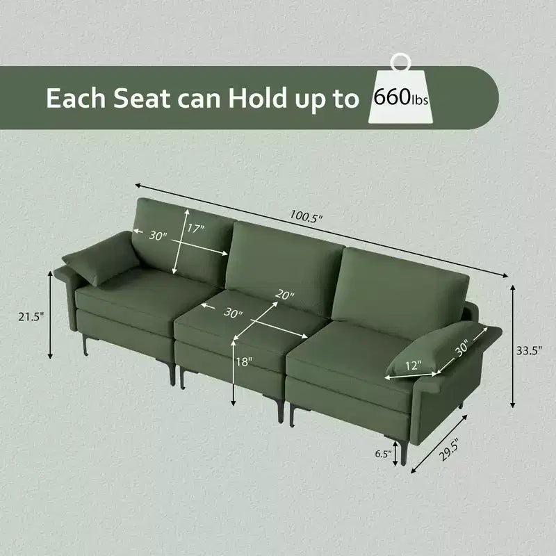 Canapé modulable 3 places en tissu avec ports USB et prise de courant intégrés - Rouge/Vert