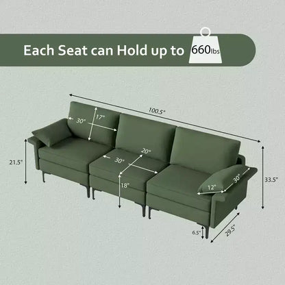 Canapé modulable 3 places en tissu avec ports USB et prise de courant intégrés - Rouge/Vert