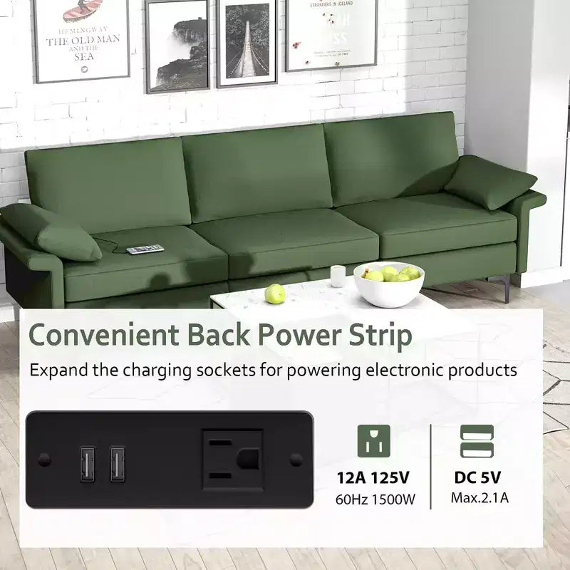 Canapé modulable 3 places en tissu avec ports USB et prise de courant intégrés - Rouge/Vert