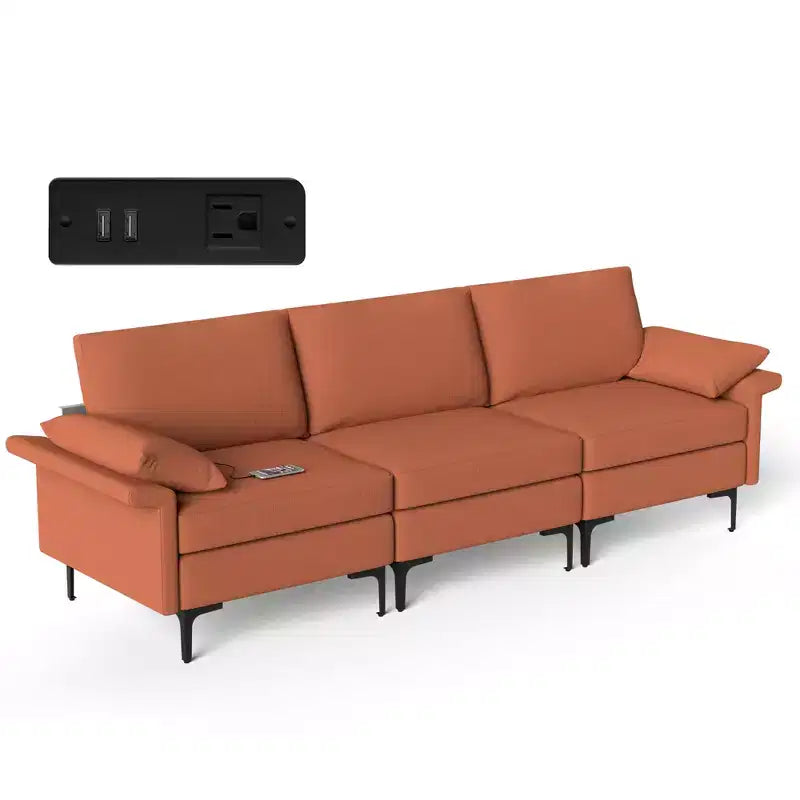 Canapé modulable 3 places en tissu avec ports USB et prise de courant intégrés - Rouge/Vert
