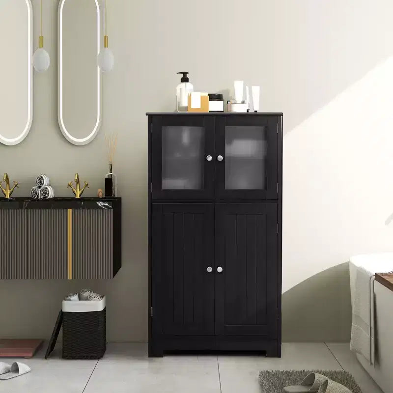 Meuble de Rangement à 4 Portes avec Étagère Réglable et Verre Trempé - Noir/Marron
