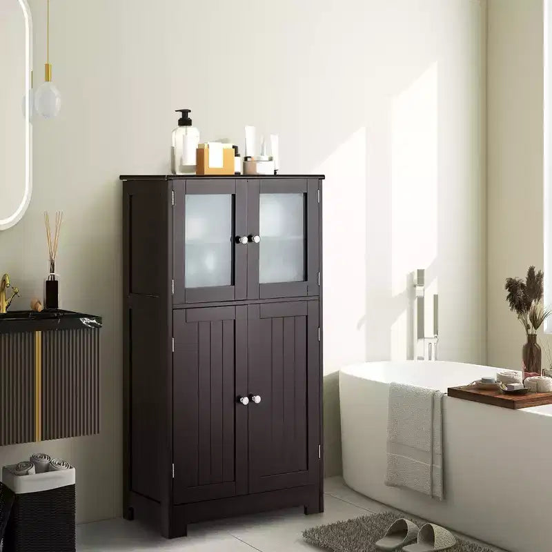 Meuble de Rangement à 4 Portes avec Étagère Réglable et Verre Trempé - Noir/Marron