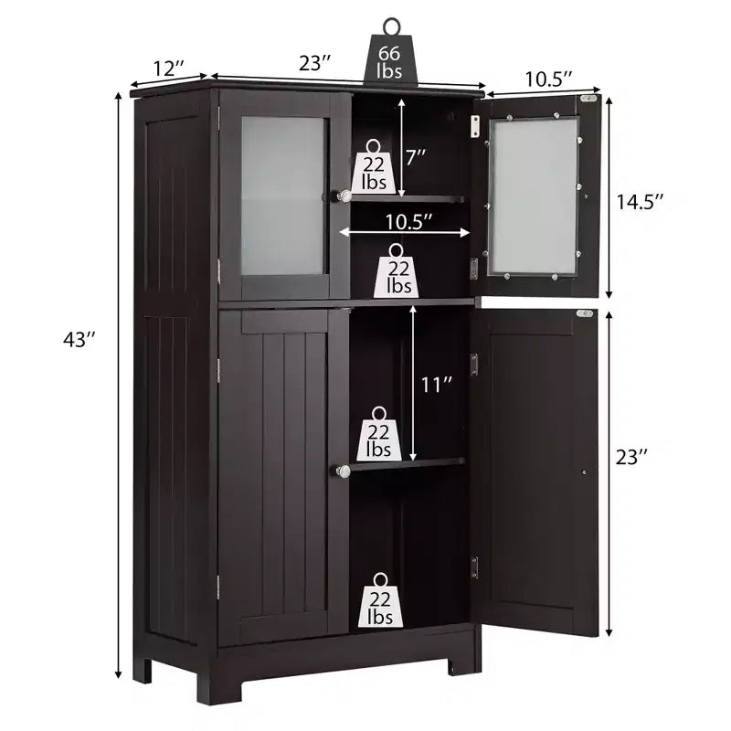 Meuble de Rangement à 4 Portes avec Étagère Réglable et Verre Trempé - Noir/Marron