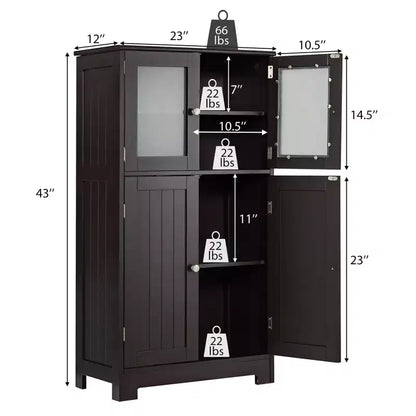 Meuble de Rangement à 4 Portes avec Étagère Réglable et Verre Trempé - Noir/Marron