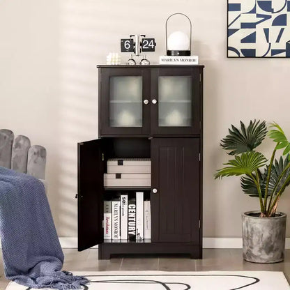 Meuble de Rangement à 4 Portes avec Étagère Réglable et Verre Trempé - Noir/Marron