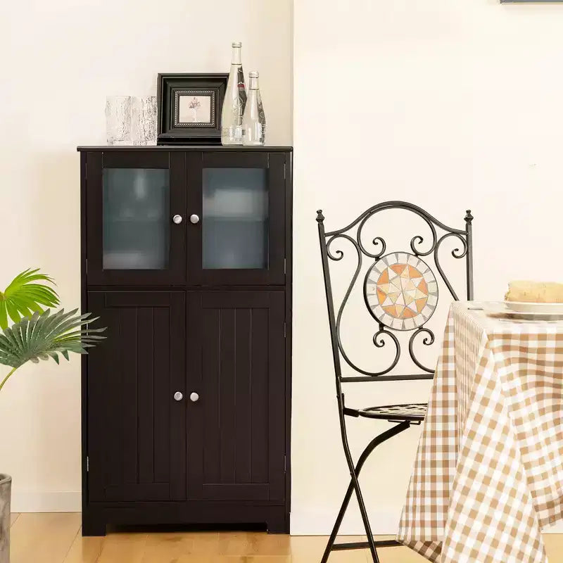 Meuble de Rangement à 4 Portes avec Étagère Réglable et Verre Trempé - Noir/Marron