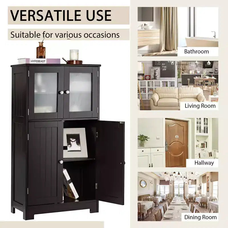 Meuble de Rangement à 4 Portes avec Étagère Réglable et Verre Trempé - Noir/Marron