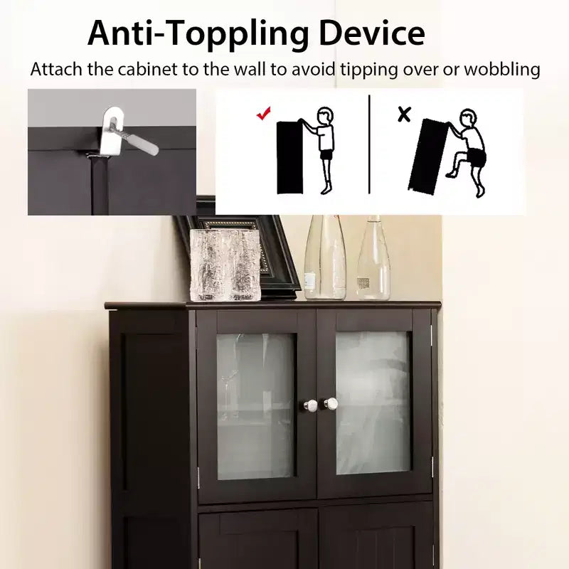 Meuble de Rangement à 4 Portes avec Étagère Réglable et Verre Trempé - Noir/Marron