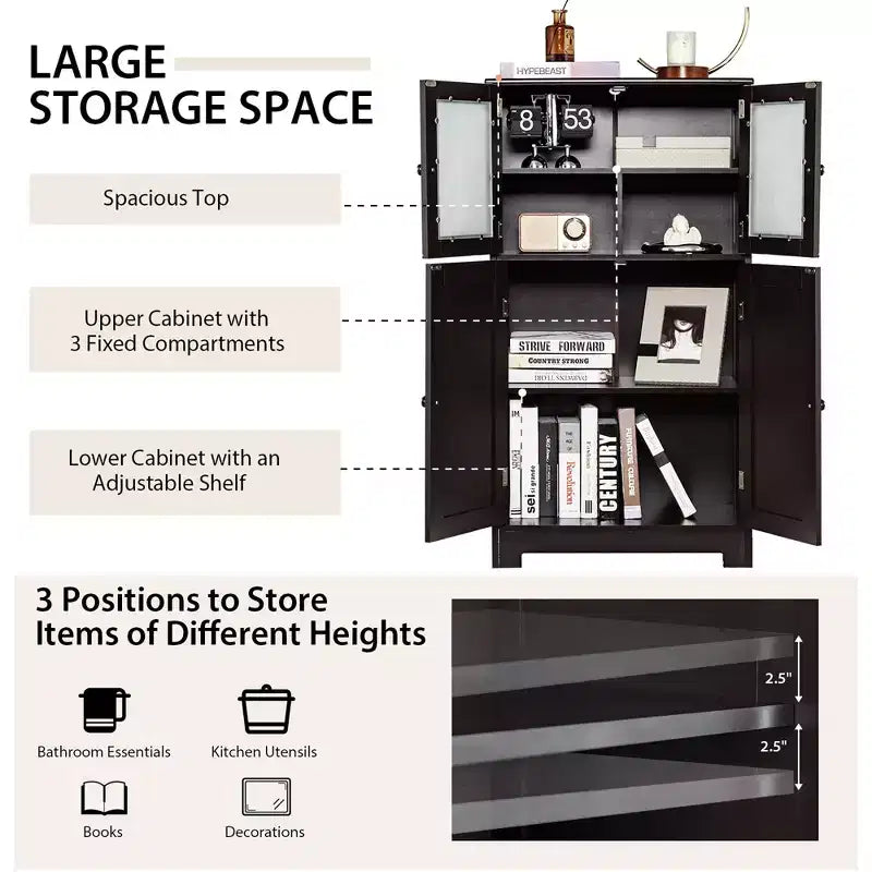 Meuble de Rangement à 4 Portes avec Étagère Réglable et Verre Trempé - Noir/Marron