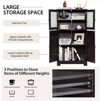 Meuble de Rangement à 4 Portes avec Étagère Réglable et Verre Trempé - Noir/Marron