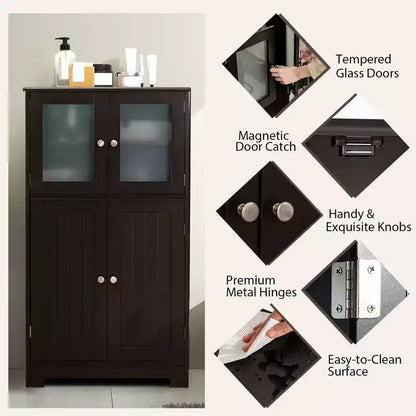 Meuble de Rangement à 4 Portes avec Étagère Réglable et Verre Trempé - Noir/Marron