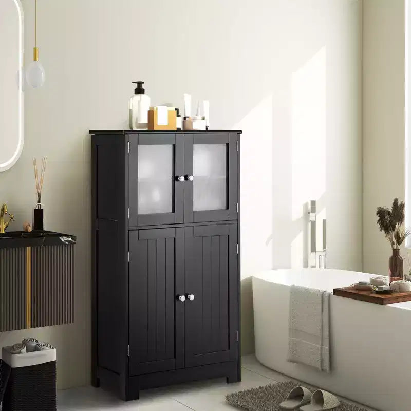 Meuble de Rangement à 4 Portes avec Étagère Réglable et Verre Trempé - Noir/Marron