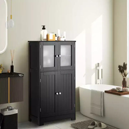 Meuble de Rangement à 4 Portes avec Étagère Réglable et Verre Trempé - Noir/Marron