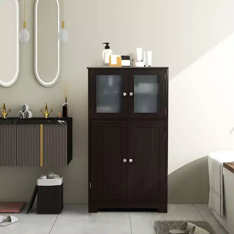 Meuble de Rangement à 4 Portes avec Étagère Réglable et Verre Trempé - Noir/Marron