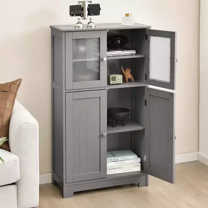 Meuble de Rangement à 4 Portes avec Étagère Réglable et Verre Trempé - Noir/Marron