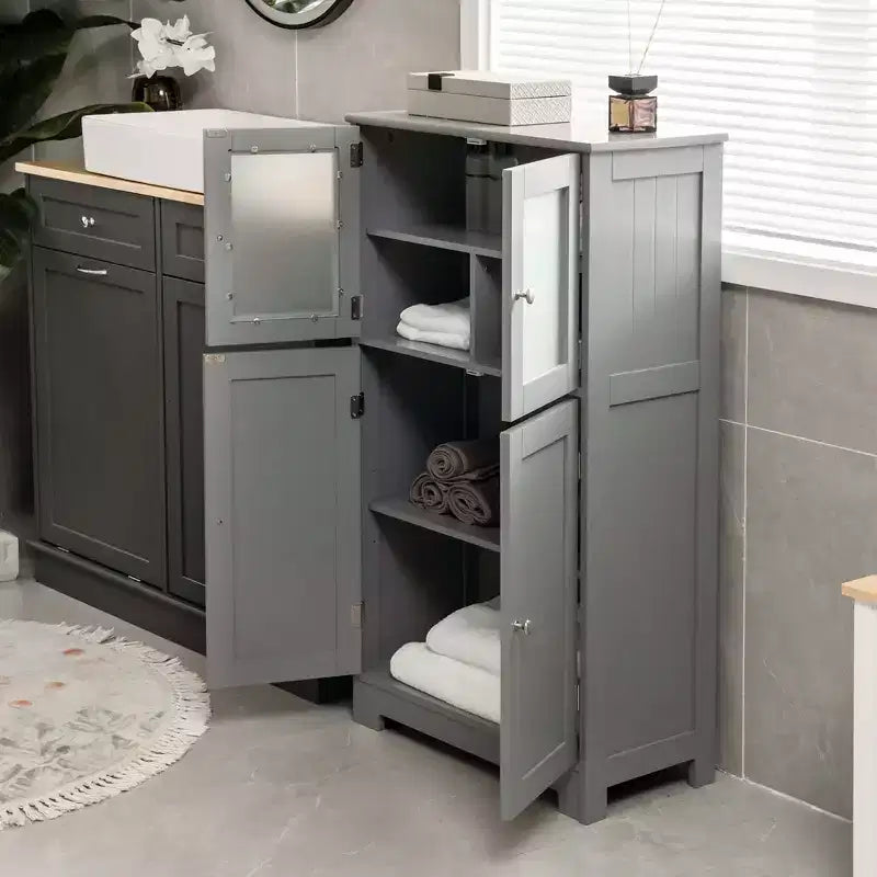 Meuble de Rangement à 4 Portes avec Étagère Réglable et Verre Trempé - Noir/Marron