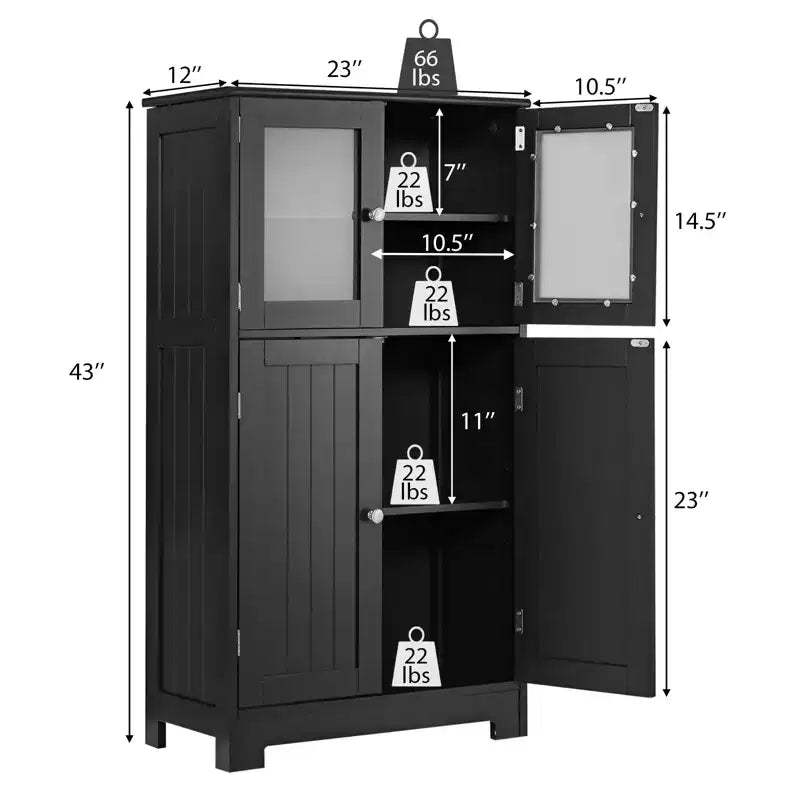 Meuble de Rangement à 4 Portes avec Étagère Réglable et Verre Trempé - Noir/Marron