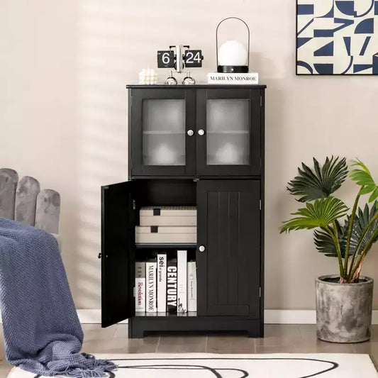 Meuble de Rangement à 4 Portes avec Étagère Réglable et Verre Trempé - Noir/Marron