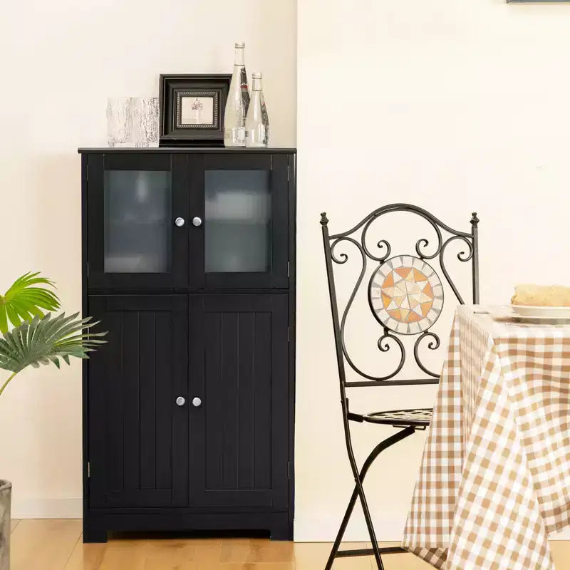 Meuble de Rangement à 4 Portes avec Étagère Réglable et Verre Trempé - Noir/Marron