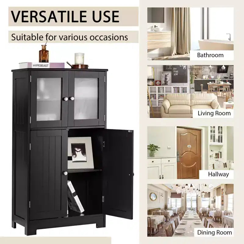 Meuble de Rangement à 4 Portes avec Étagère Réglable et Verre Trempé - Noir/Marron