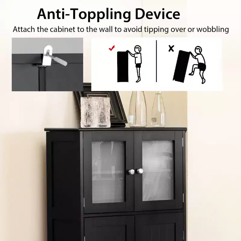 Meuble de Rangement à 4 Portes avec Étagère Réglable et Verre Trempé - Noir/Marron