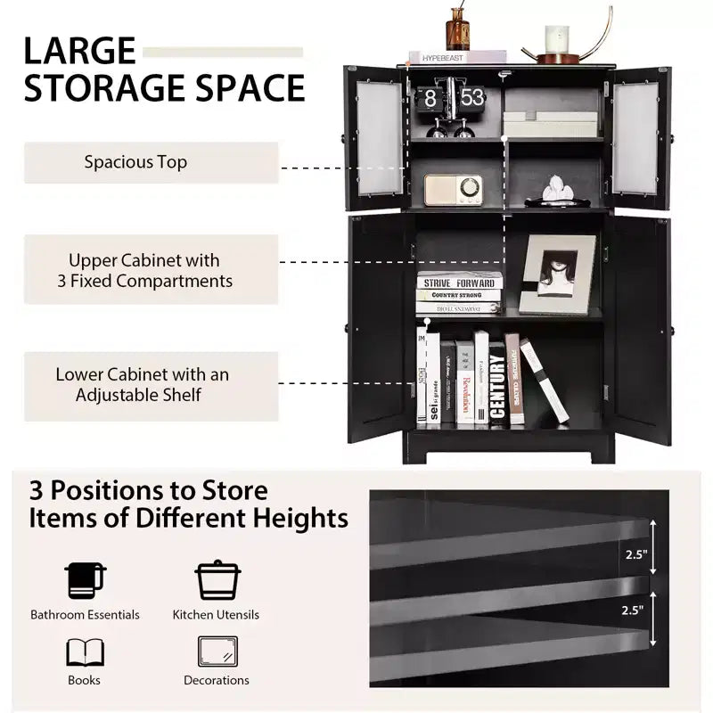 Meuble de Rangement à 4 Portes avec Étagère Réglable et Verre Trempé - Noir/Marron
