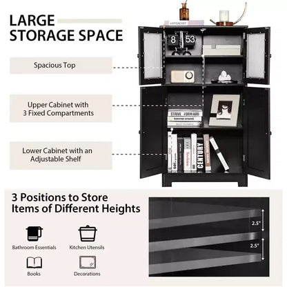 Meuble de Rangement à 4 Portes avec Étagère Réglable et Verre Trempé - Noir/Marron