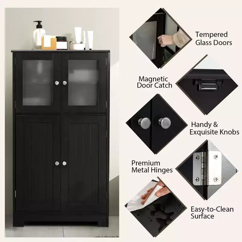 Meuble de Rangement à 4 Portes avec Étagère Réglable et Verre Trempé - Noir/Marron