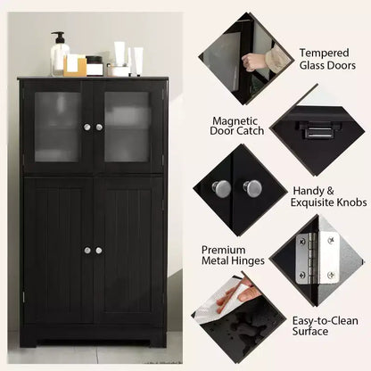 Meuble de Rangement à 4 Portes avec Étagère Réglable et Verre Trempé - Noir/Marron