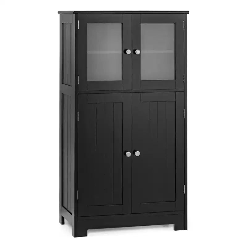 Meuble de Rangement à 4 Portes avec Étagère Réglable et Verre Trempé - Noir/Marron