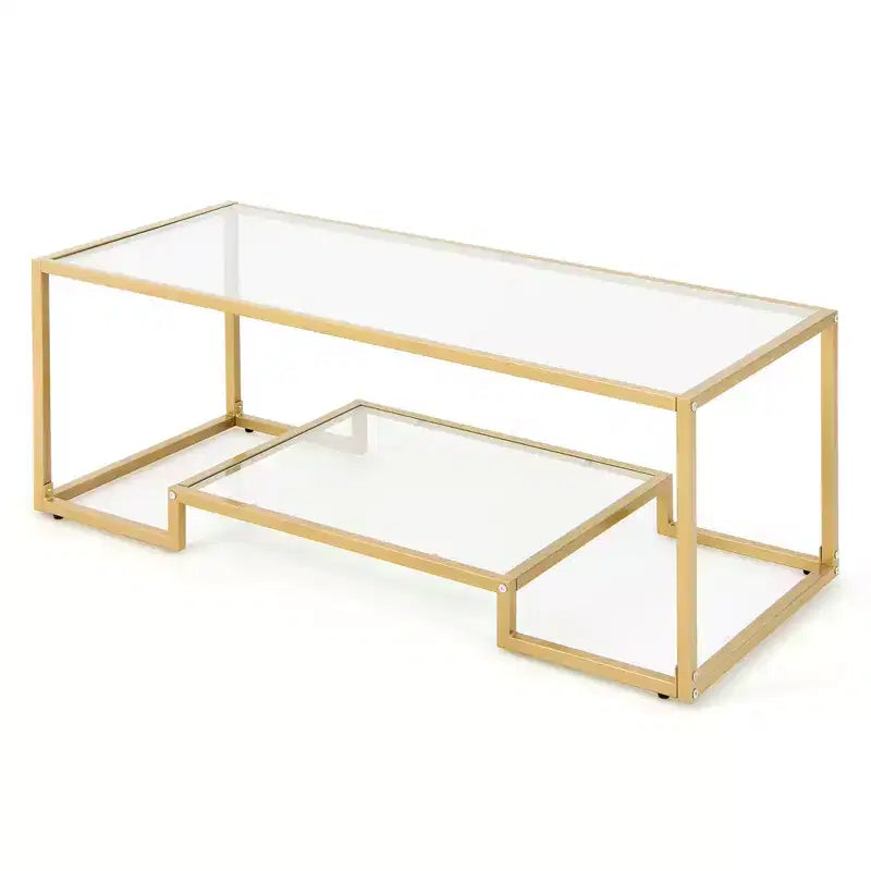 Table Basse Rectangulaire de 45" en Verre Trempé avec Étagère de Rangement