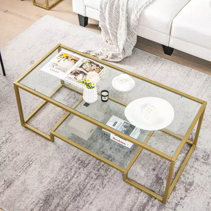 Table Basse Rectangulaire de 45" en Verre Trempé avec Étagère de Rangement