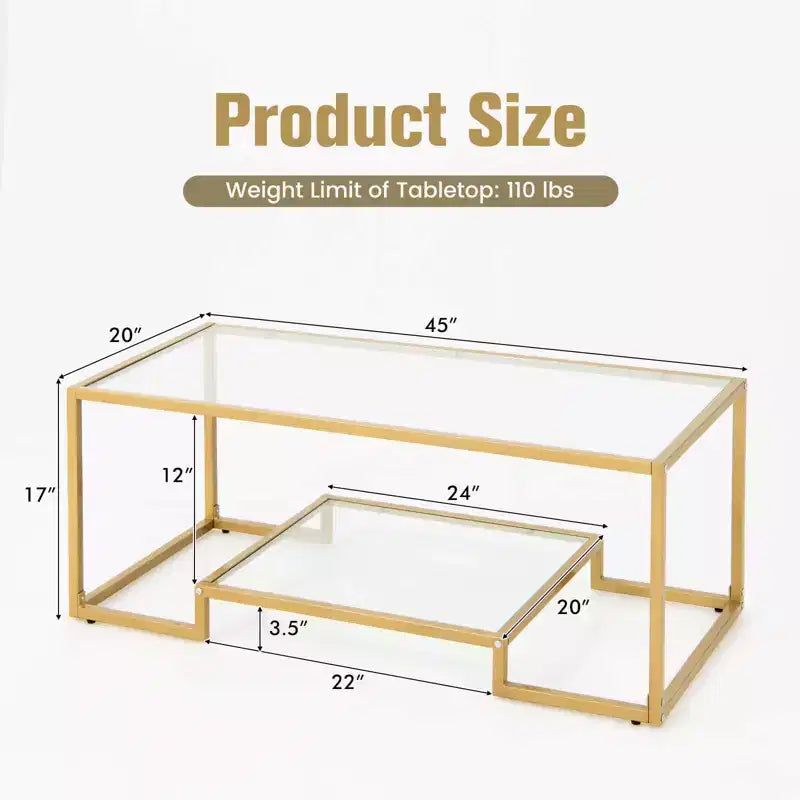 Table Basse Rectangulaire de 45" en Verre Trempé avec Étagère de Rangement