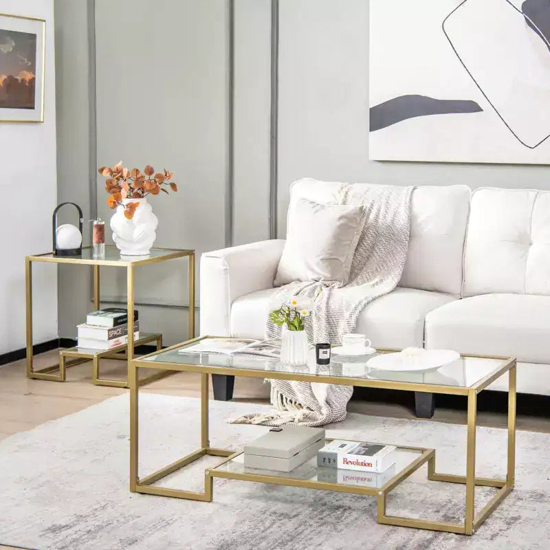 Table Basse Rectangulaire de 45" en Verre Trempé avec Étagère de Rangement
