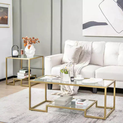 Table Basse Rectangulaire de 45" en Verre Trempé avec Étagère de Rangement