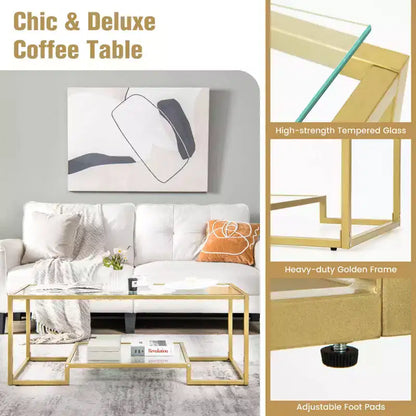 Table Basse Rectangulaire de 45" en Verre Trempé avec Étagère de Rangement